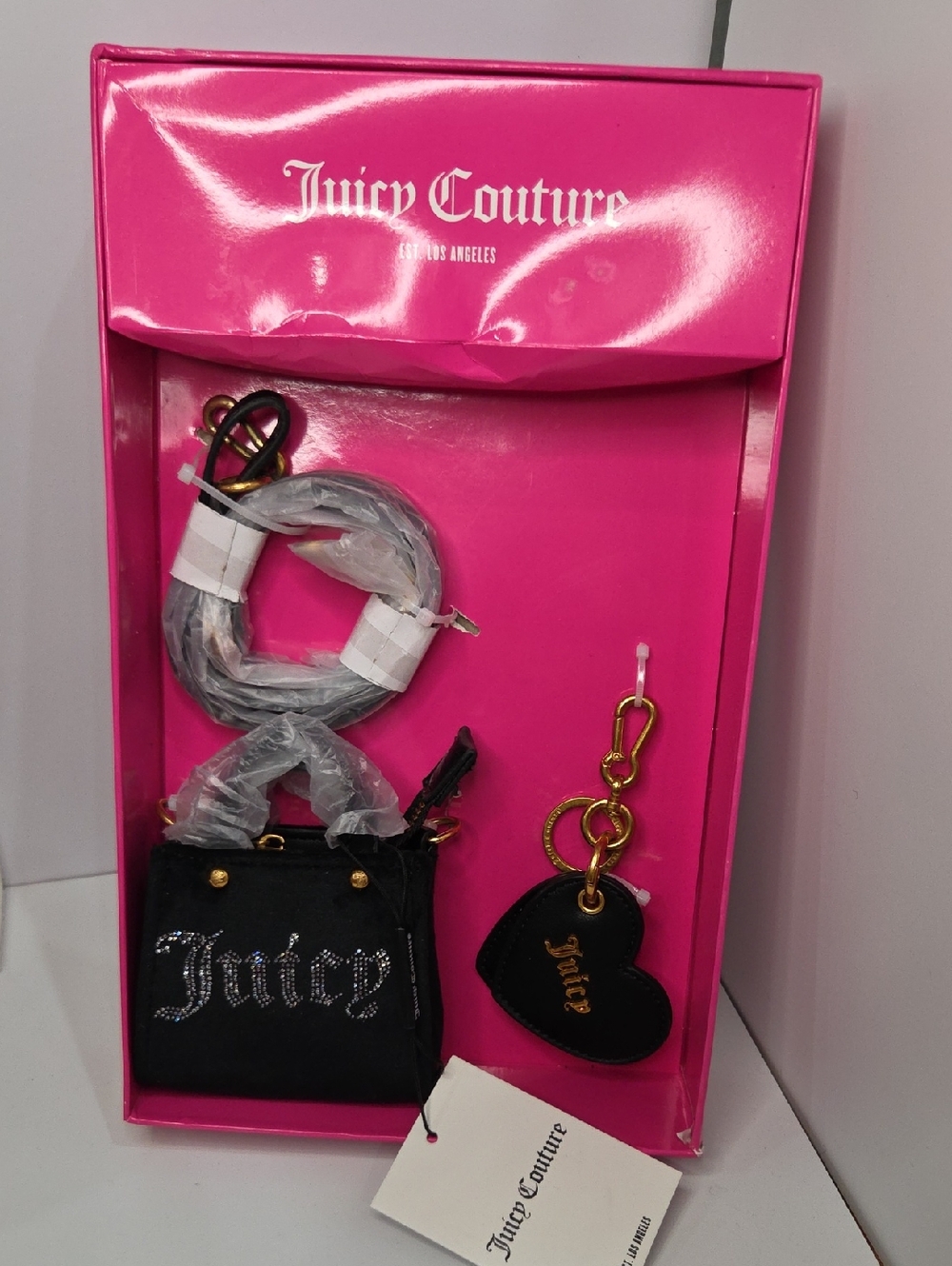 Juicy Couture UK Black Mini Bag Charm with Gold Hardware and Heart Keychain